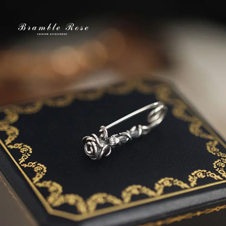 925 Sterling Silver Thorny Rose Brooch Vintage Safety Pin
