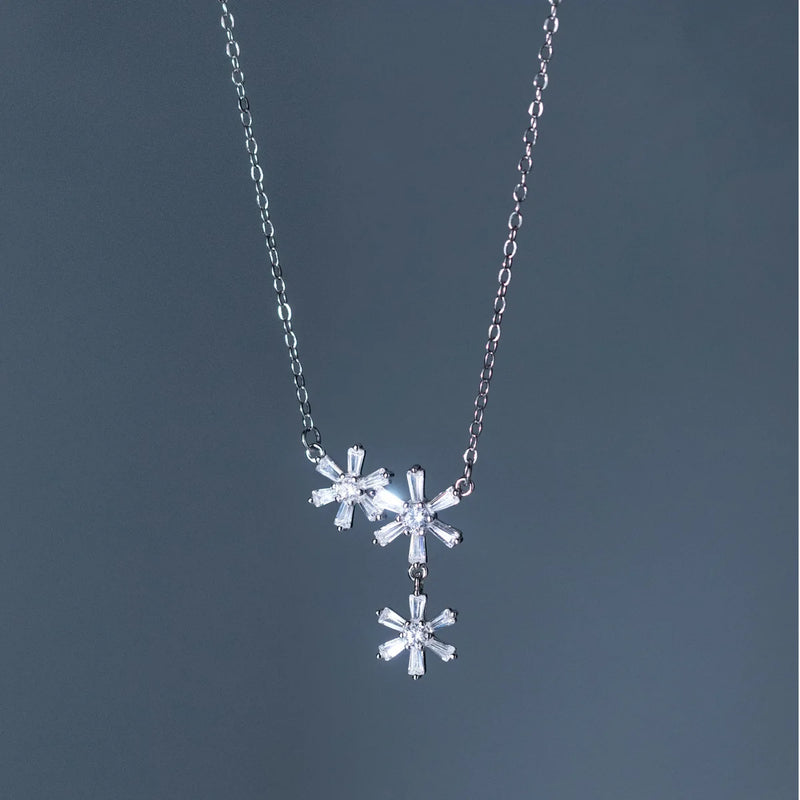 925 Silver Three Flowers Zircon Pendant Necklace Women Gift