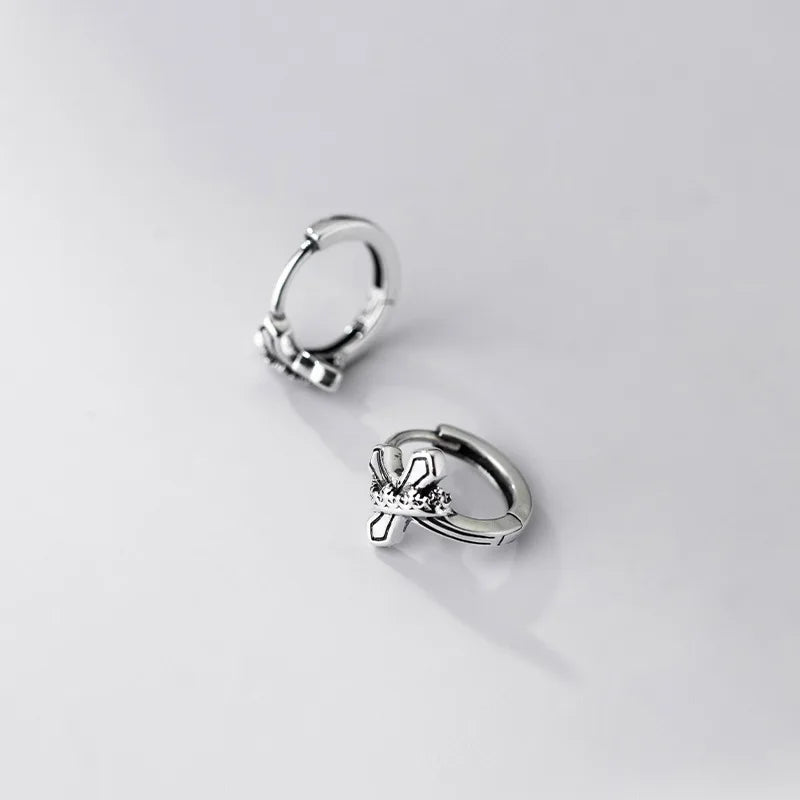 925 Sterling Silver Vintage Cross Hoop Earrings for Women