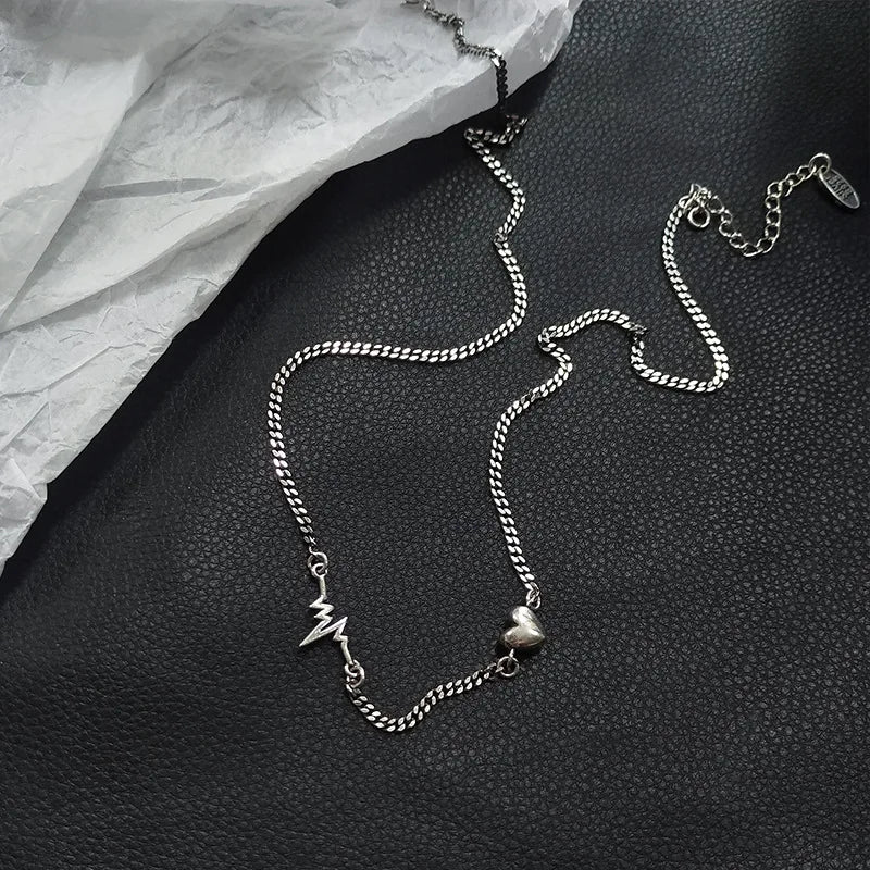 925 Silver Heartbeat & Love Heart Choker Necklace Retro Thai Silver Jewelry