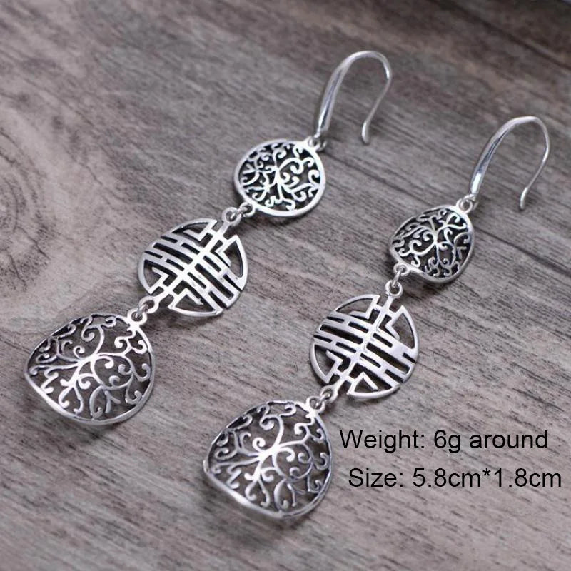 925 Silver Vintage Long Earrings Hollow Flower Brincos