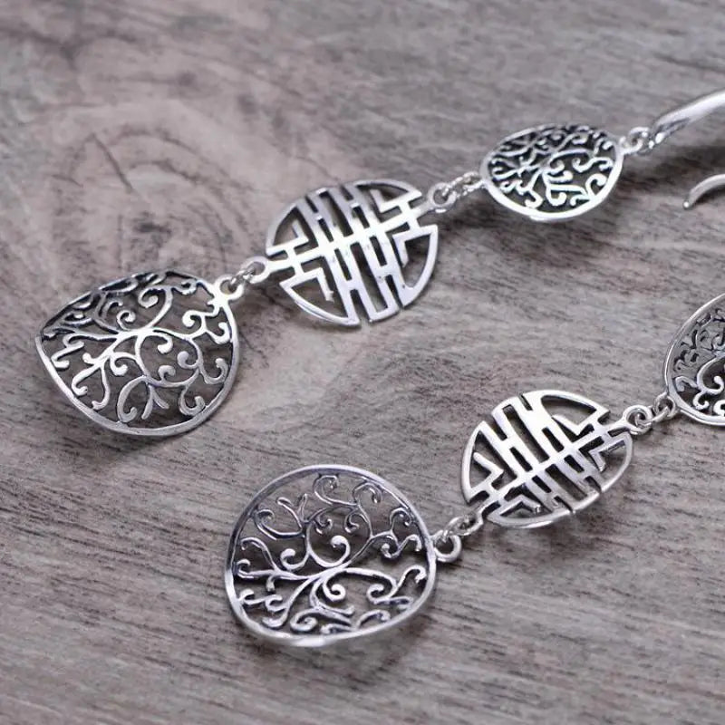 925 Silver Vintage Long Earrings Hollow Flower Brincos