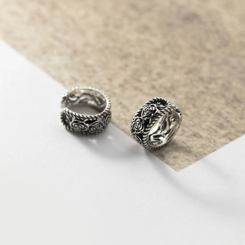 Vintage Thai Silver Double Layered Rose Ear Cuffs for Women