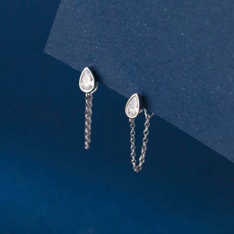 925 Silver Zircon Water Drop Earrings Front Back Post