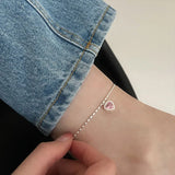 925 Silver Women Anklet Heart Pink Crystal Beads Chain Bracelet Leg Jewelry
