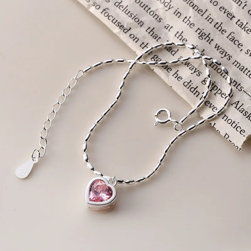 925 Silver Women Anklet Heart Pink Crystal Beads Chain Bracelet Leg Jewelry