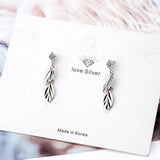 925 Silver Crystal Leaf Feather Dangle Earrings