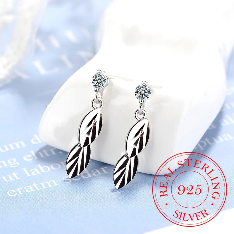 925 Silver Crystal Leaf Feather Dangle Earrings