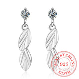 925 Silver Crystal Leaf Feather Dangle Earrings