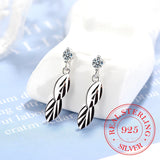 925 Silver Crystal Leaf Feather Dangle Earrings