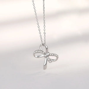 925 Silver Zircon Bowknot Pendant Necklace Rose Plating Jewelry