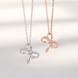 925 Silver Zircon Bowknot Pendant Necklace Rose Plating Jewelry