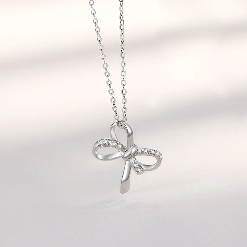 925 Silver Zircon Bowknot Pendant Necklace Rose Plating Jewelry