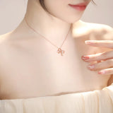 925 Silver Zircon Bowknot Pendant Necklace Rose Plating Jewelry