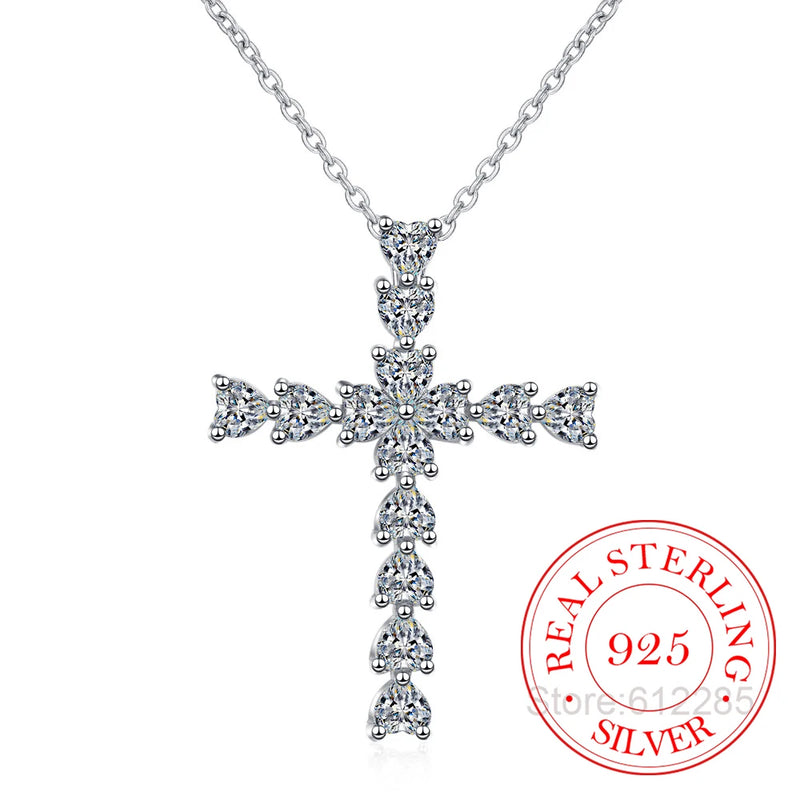 925 Silver Zircon Crystal Cross Pendant Necklace for Women