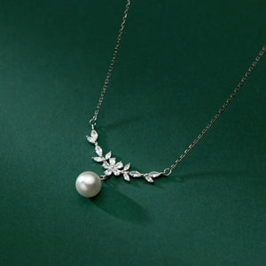925 Sterling Silver Zircon Floral Synthetic Pearl Pendant Necklace Retro Jewelry