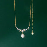 925 Sterling Silver Zircon Floral Synthetic Pearl Pendant Necklace Retro Jewelry