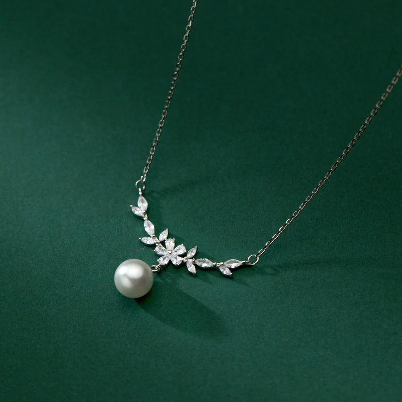 925 Sterling Silver Zircon Floral Synthetic Pearl Pendant Necklace Retro Jewelry