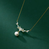 925 Sterling Silver Zircon Floral Synthetic Pearl Pendant Necklace Retro Jewelry