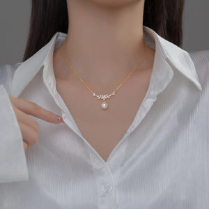 925 Sterling Silver Zircon Floral Synthetic Pearl Pendant Necklace Retro Jewelry