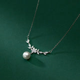 925 Sterling Silver Zircon Floral Synthetic Pearl Pendant Necklace Retro Jewelry