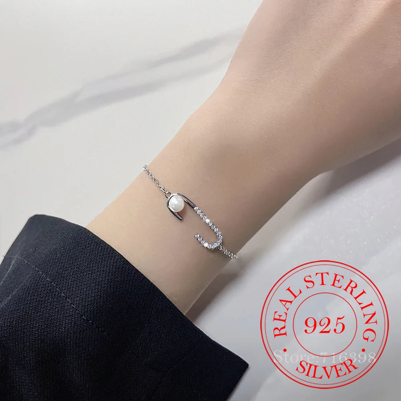 925 Silver Zircon Round Pearl Charm Bracelet Wedding Jewelry
