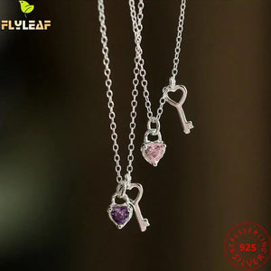 925 Silver Key Lock Necklace Zircon Women Fine Jewelry