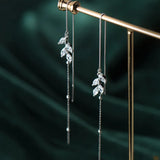 925 Silver Zircon Leaves Long Drop Earrings Tassel Threader Earring