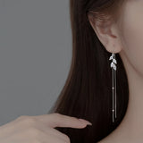 925 Silver Zircon Leaves Long Drop Earrings Tassel Threader Earring
