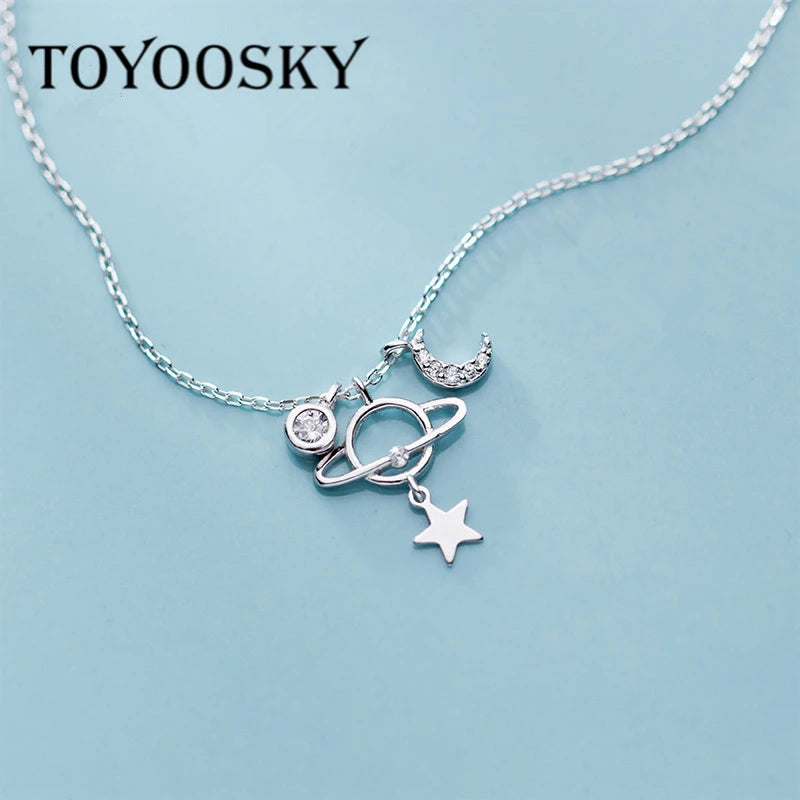 925 Silver Zircon Moon Star Choker Necklace Women Fine Jewelry