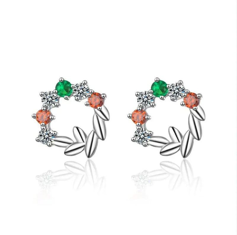 925 Silver Zircon Leaves Stud Earrings for Women
