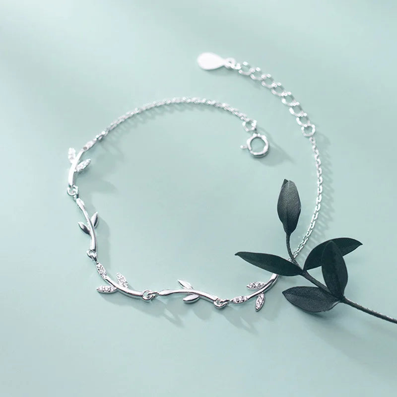 925 Silver Zircon Tree Leaves Bracelet Women Fine Jewelry