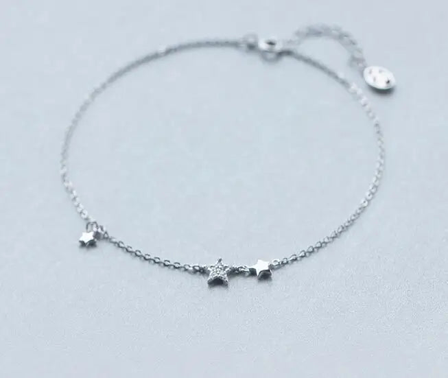 925 Silver CZ Star Chain Anklet Bracelet Adjustable GTLS256