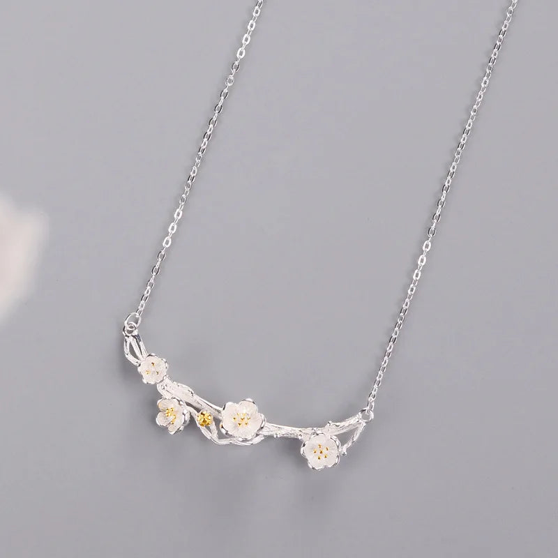 925 Silver Plum Flower Pendant Necklace Minimalist Fine Jewelry