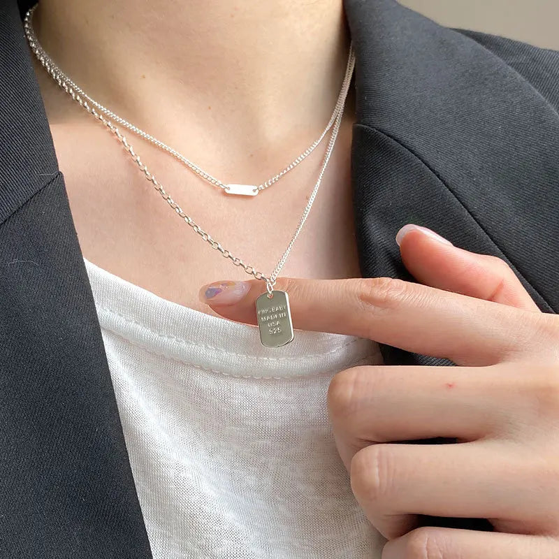 925 Sterling Silver Double Rows Chain Straight Bar Square Pendant Necklace