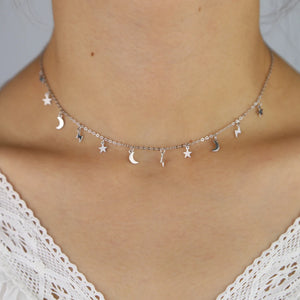 925 Silver Filled Vermeil Mini Moon Star Charm Choker Necklace