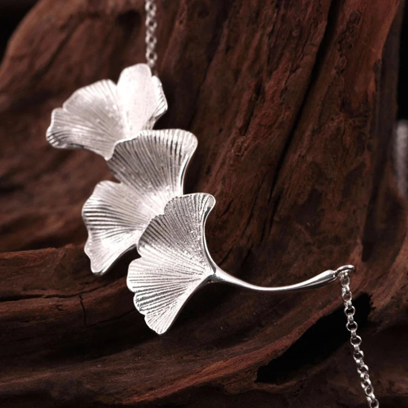 925 Silver Three Ginkgo Leaves Necklace Pendant for Women Anniversary