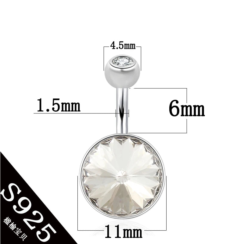 925 Silver Belly Button Ring Crystal Stone Piercing Navel Bar