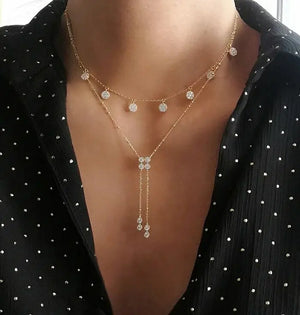 925 Sterling Silver CZ Paved Station Mulity Charm Choker Necklace