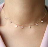 925 Sterling Silver CZ Paved Station Mulity Charm Choker Necklace