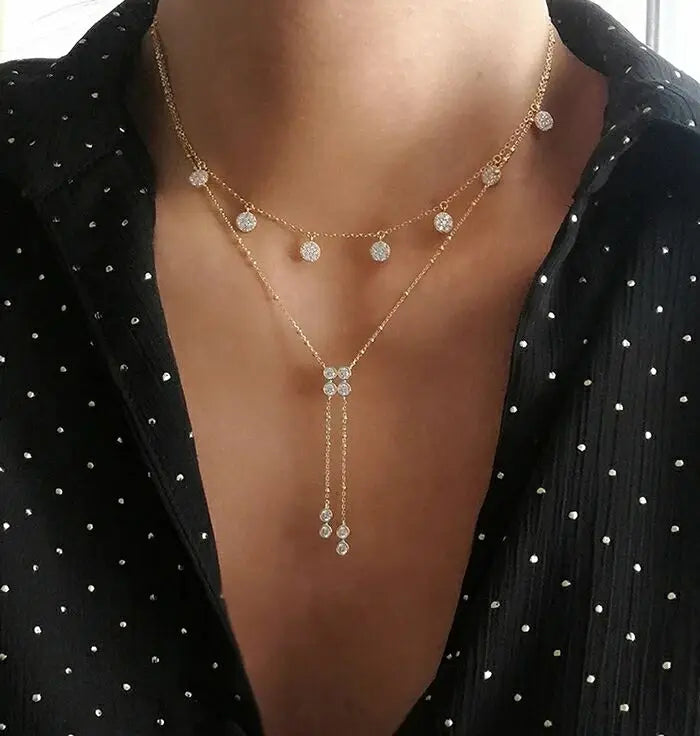 925 Sterling Silver CZ Paved Station Mulity Charm Choker Necklace