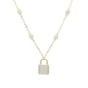 925 Silver CZ Station Chain Crystal Lock Pendant Necklace for Women Punk Choker