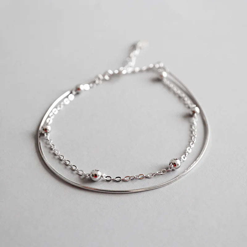 925 Sterling Silver Double Layered Beads Anklet for Women Beach Jewelry