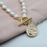 Baroque Natural Pearl Coin Pendant Necklace OT Buckle Ladies Mother Gift