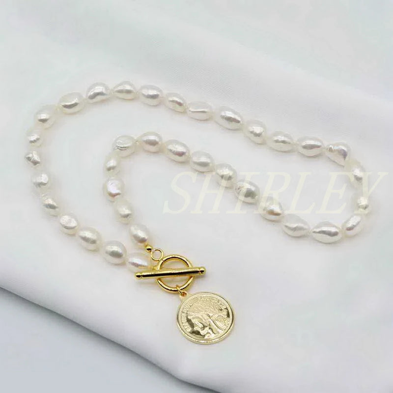 Baroque Natural Pearl Coin Pendant Necklace OT Buckle Ladies Mother Gift