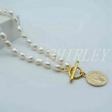 Baroque Natural Pearl Coin Pendant Necklace OT Buckle Ladies Mother Gift