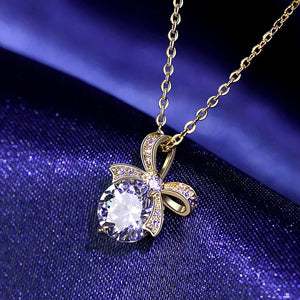 Real Diamond Bow Pendant 925 Silver Necklace Women's Jewelry Gift