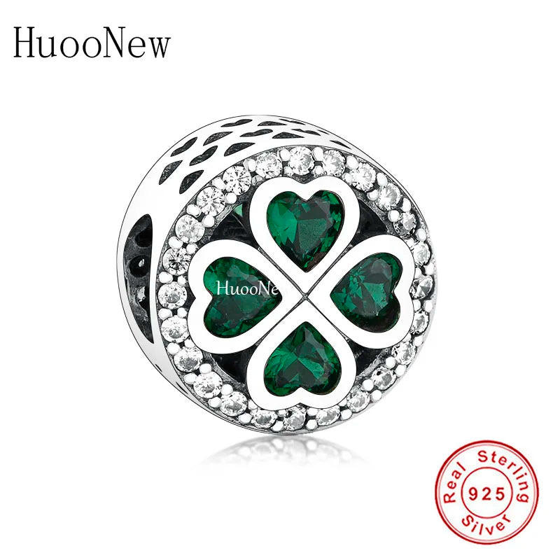 925 Silver Heart Clover Flower Green Stone Bead Charm Bracelet
