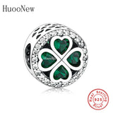 925 Silver Heart Clover Flower Green Stone Bead Charm Bracelet