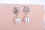 Freshwater Pearl Earrings 925 Sterling Silver Carving Roses Flower Wedding